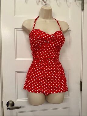 NWT Ann Taylor Red White Polka Dot One-Piece Swimsuit Dress- Sz L